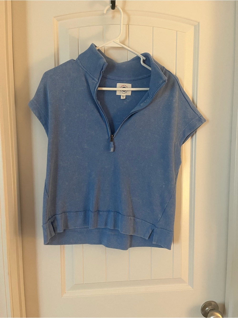 Sky Blue Ribbed Short-Sleeve Half-Zip Pullover